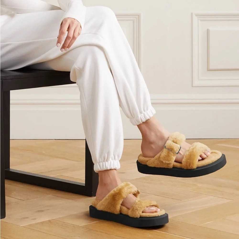 Giuseppe Zanotti Shearling Slides Faux Fur Camel Platform Sandals with buckles - Picture 12 of 12
